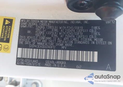 2013 Toyota Highlander Limited V6 z USA, uszkodzony, nr VIN 5TDYK3EH3DS090812